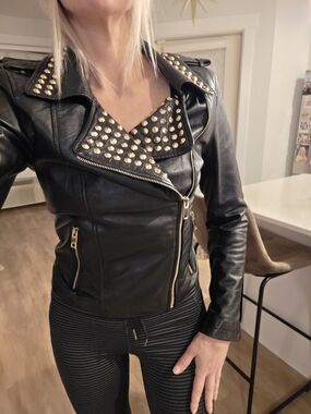 Zara Black Leather Rose Gold Stud-Accent Moto Jacket